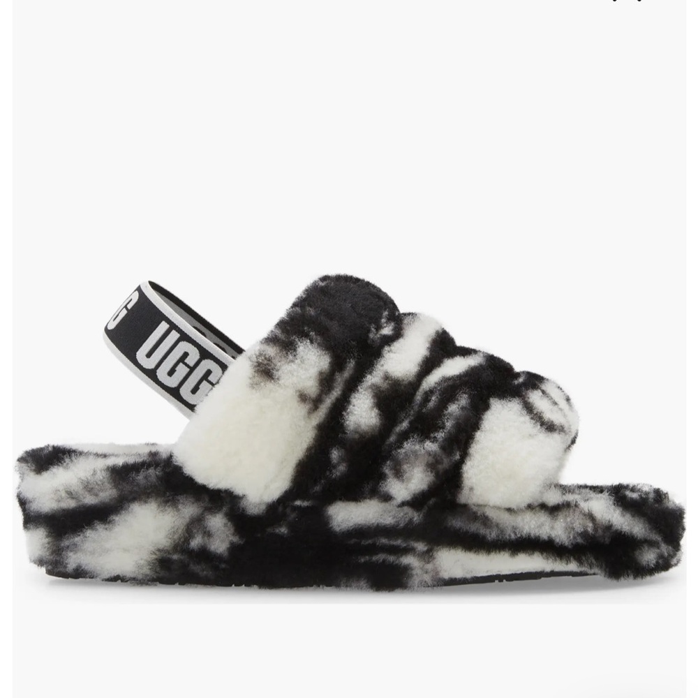 UGG Black and Cream Fluffy Slippers